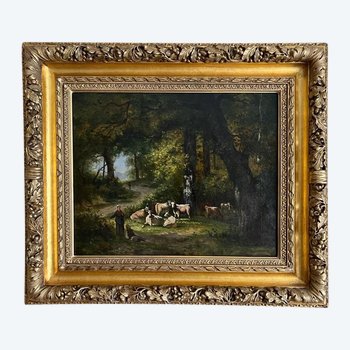 Tableau Huile sur Toile Peinture Vaches dans la Foret  XIXème.