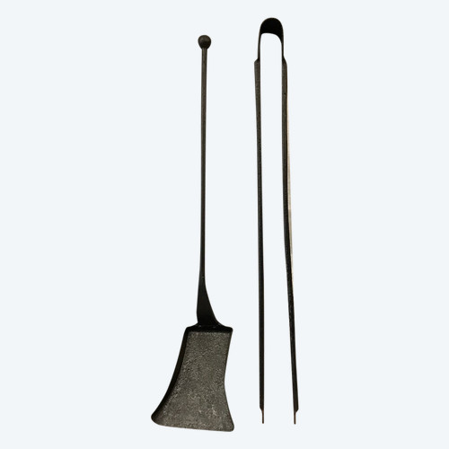 Old Fireplace Servant In Blackened Iron Including A Shovel And A Tong