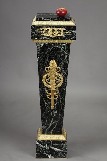 Column In Green Marble Veneer And Gilt Bronze Decor, Empire Style