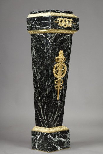 Column In Green Marble Veneer And Gilt Bronze Decor, Empire Style