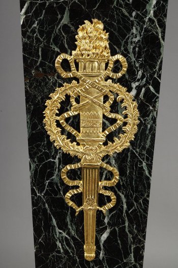 Column In Green Marble Veneer And Gilt Bronze Decor, Empire Style