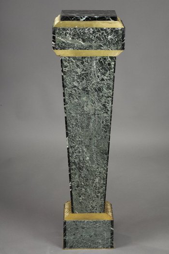 Column In Green Marble Veneer And Gilt Bronze Decor, Empire Style