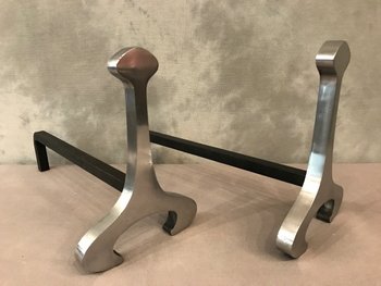 Pair Of Andirons In Brushed Steel By Jean Paul Creation Circa 1970