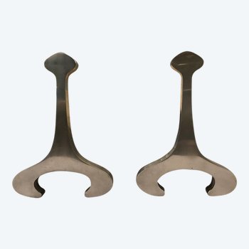 Pair Of Andirons In Brushed Steel By Jean Paul Creation Circa 1970
