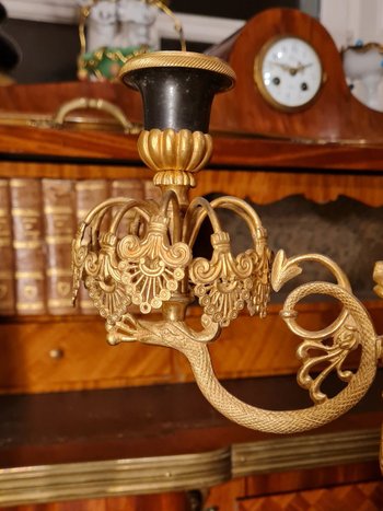XIX Th S, Pair Of Double Patina Bronze Candlesticks