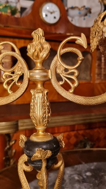 XIX Th S, Pair Of Double Patina Bronze Candlesticks