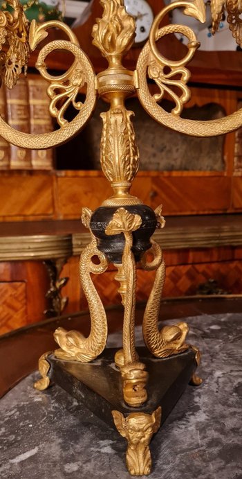 XIX Th S, Pair Of Double Patina Bronze Candlesticks