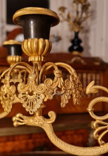 XIX Th S, Pair Of Double Patina Bronze Candlesticks