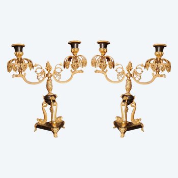 XIX Th S, Pair Of Double Patina Bronze Candlesticks