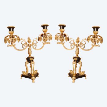 XIX Th S, Pair Of Double Patina Bronze Candlesticks