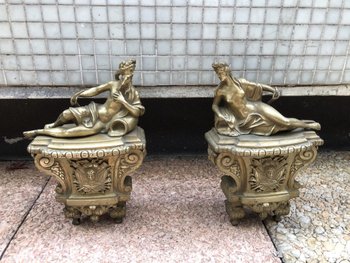 Paire de chenets ancien en bronze mat d'époque Régence 18 ème 