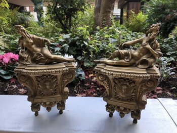 Paire de chenets ancien en bronze mat d'époque Régence 18 ème 