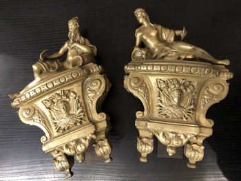 Paire de chenets ancien en bronze mat d'époque Régence 18 ème 