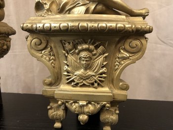 Paire de chenets ancien en bronze mat d'époque Régence 18 ème 