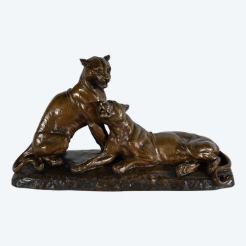 Bedeutende Bronze "Löwinnenpaar", von L. Riché - Anfang des 20. Jahrhunderts