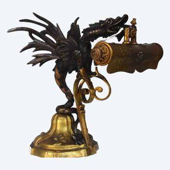 Jugendstil-Schreibtischlampe mit doppeltem Patina-Bronze-Drachen um 1900