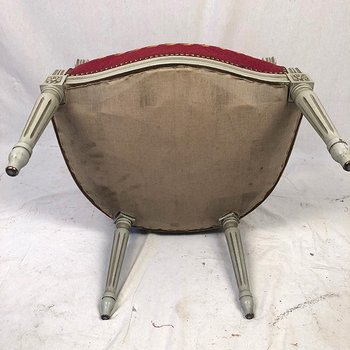 Louis XVI style armchair in gray lacquered wood, medallion backrest, upholstered with petit point tapestry