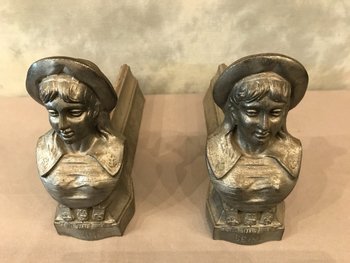 Pair of gray cast iron andirons, late 19th century