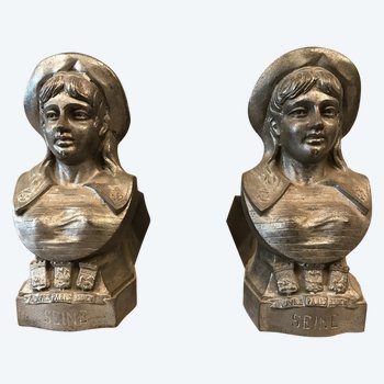 Pair of gray cast iron andirons, late 19th century