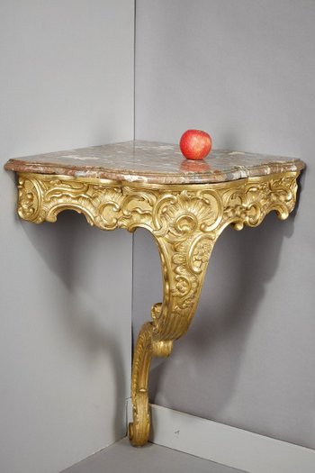 Console d'Angle De Style Louis XV En Bois Doré Et Plateau En Marbre Brèche, XIXe