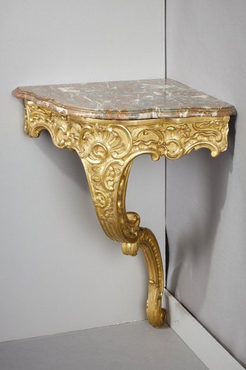 Console d'Angle De Style Louis XV En Bois Doré Et Plateau En Marbre Brèche, XIXe