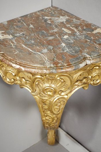 Console d'Angle De Style Louis XV En Bois Doré Et Plateau En Marbre Brèche, XIXe