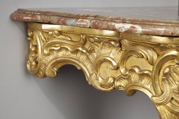 Console d'Angle De Style Louis XV En Bois Doré Et Plateau En Marbre Brèche, XIXe