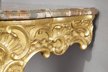 Console d'Angle De Style Louis XV En Bois Doré Et Plateau En Marbre Brèche, XIXe