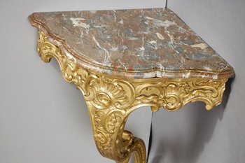 Console d'Angle De Style Louis XV En Bois Doré Et Plateau En Marbre Brèche, XIXe