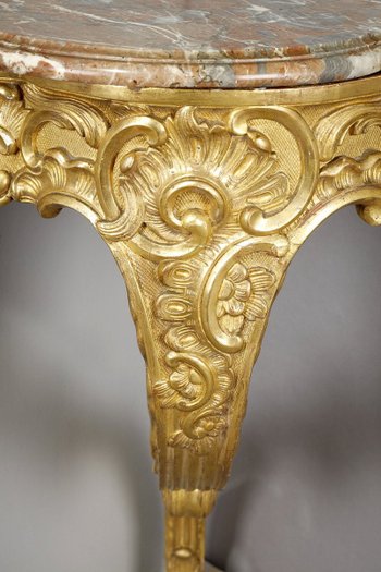Console d'Angle De Style Louis XV En Bois Doré Et Plateau En Marbre Brèche, XIXe