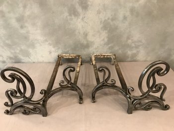Pair Of 18 th C. Polished Iron Andirons