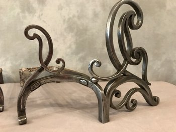 Pair Of 18 th C. Polished Iron Andirons