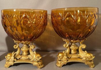 PAIR OF IMPORTANT BOHEMIAN CRYSTAL GOBLETS CUT SMOKED AND GILT BRONZE