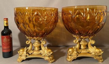 PAIR OF IMPORTANT BOHEMIAN CRYSTAL GOBLETS CUT SMOKED AND GILT BRONZE