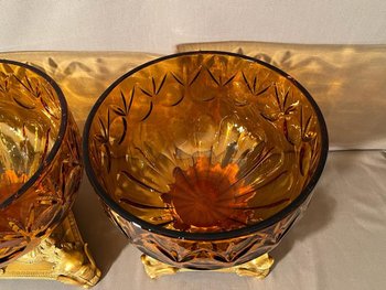PAIR OF IMPORTANT BOHEMIAN CRYSTAL GOBLETS CUT SMOKED AND GILT BRONZE