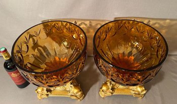 PAIR OF IMPORTANT BOHEMIAN CRYSTAL GOBLETS CUT SMOKED AND GILT BRONZE