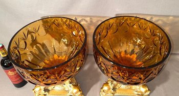 PAIR OF IMPORTANT BOHEMIAN CRYSTAL GOBLETS CUT SMOKED AND GILT BRONZE