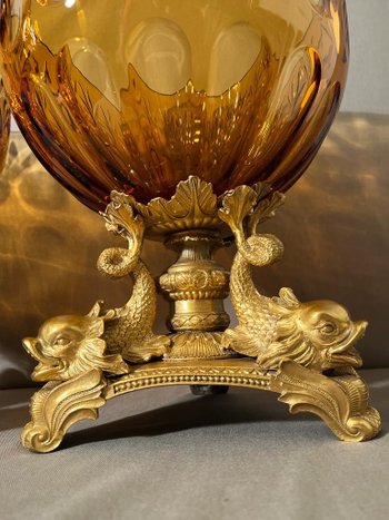 PAIR OF IMPORTANT BOHEMIAN CRYSTAL GOBLETS CUT SMOKED AND GILT BRONZE