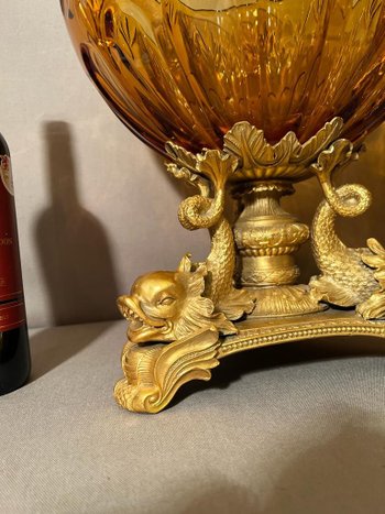 PAIR OF IMPORTANT BOHEMIAN CRYSTAL GOBLETS CUT SMOKED AND GILT BRONZE