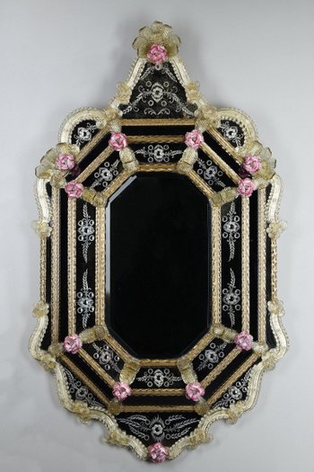 Specchio rococò con perle in vetro di Murano, inizio '900