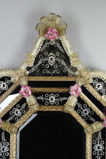 Specchio rococò con perle in vetro di Murano, inizio '900