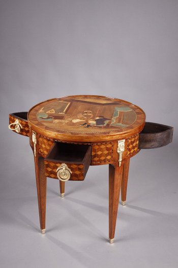 Table à Jeu Et Son Bouchon à Décor De Marqueterie Style Louis XVI