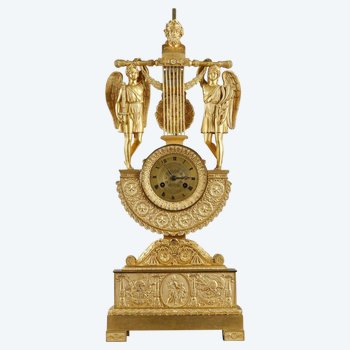 Pendule Lyre En Bronze Doré à Buste d'Homère, d'époque Empire