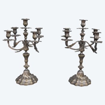 Pair Of Candlesticks In Silver Metal Louis XV Style With 6 Lights