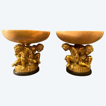 PAIR OF VERY RARE CUPS IN MARBLE AND GILDED BRONZE AFTER CLODION