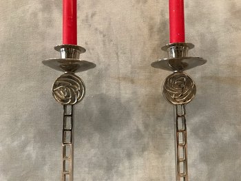 Pair Of Chrome Plated Metal Candle Holders About 1960