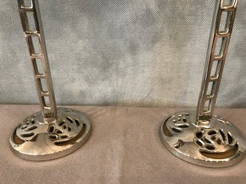Pair Of Chrome Plated Metal Candle Holders About 1960