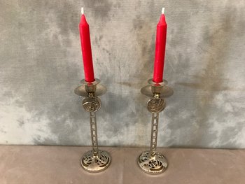 Pair Of Chrome Plated Metal Candle Holders About 1960