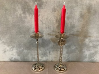 Pair Of Chrome Plated Metal Candle Holders About 1960