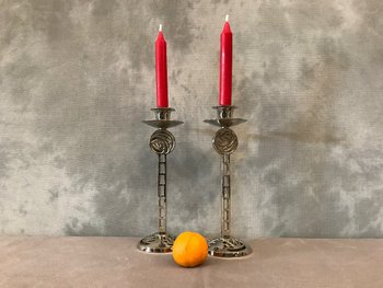 Pair Of Chrome Plated Metal Candle Holders About 1960